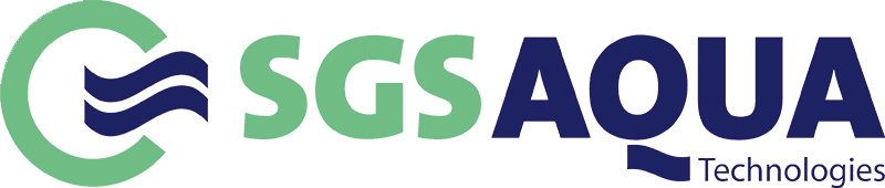 Logo von SGS AQUA Technologies mit grünem und blauem Schriftzug und Wellen-Symbol.