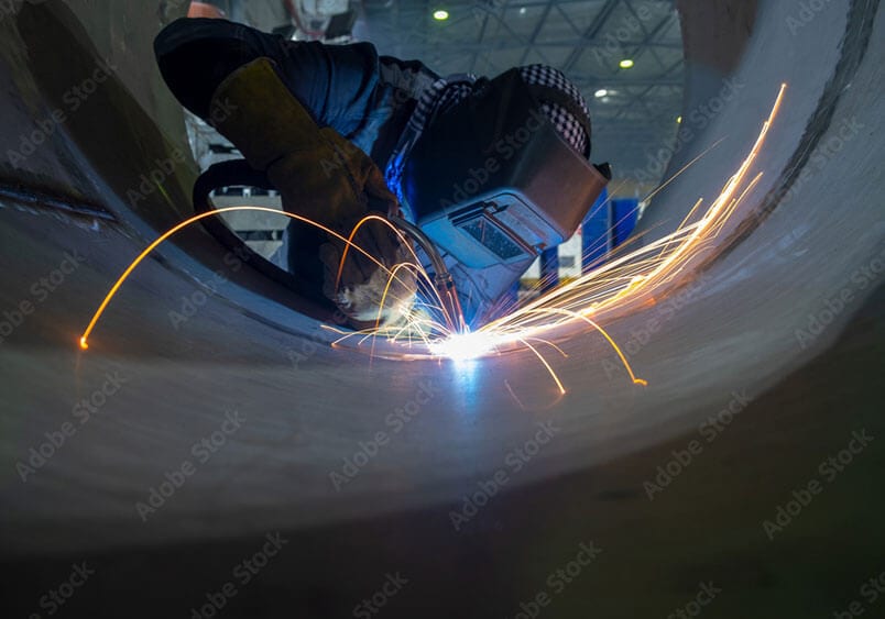 Schweißer bei der Arbeit im Rohr, Funken fliegen, Industriehandwerk sichtbar.