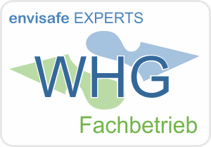 水和废水处理 的相关技术 22 Logo von Envisafe EXPERTS, WHG Fachbetrieb, in blau und grün mit stilisiertem Hintergrund.