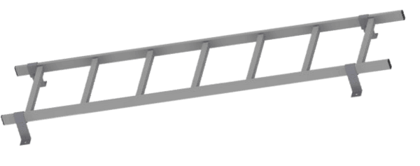 Grau lackierte Metallleiter, seitliche Perspektive, freigestellt vor weißem Hintergrund. Ideal für Industrie oder Bau.
