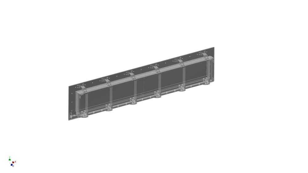 3D-Modell eines länglichen Metallprofils mit seitlichen Verschraubungen, industrielle Anwendung.