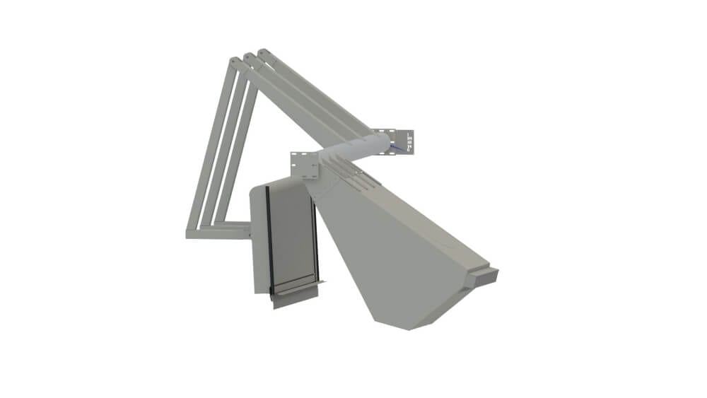 3D-Rendering einer Auqa-Gate-Float O Abluftanlage mit Rohrleitungen in grauer Farbe, seitliche Ansicht.