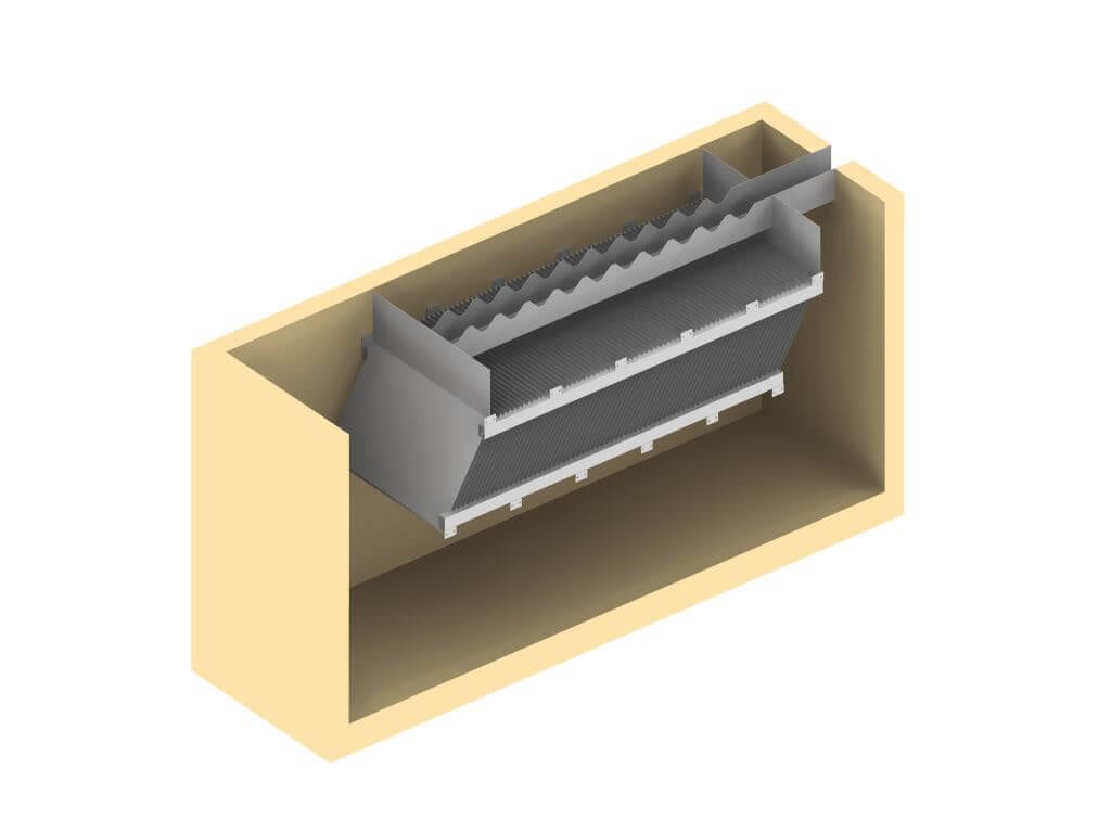 Aqua-Clear Schrägklärer Querschnitt eines mehrschichtigen Industrie-Abwasserfiltersystems in einem rechteckigen Gehäuse.