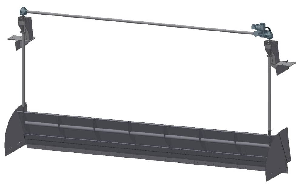 Industriegerät mit horizontaler Welle und Motoren, Seitenansicht in grauer 3D-Render Zeichnung.