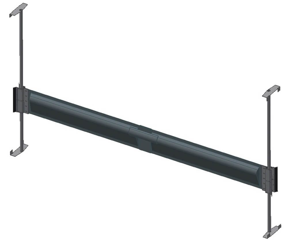 3D-Modell eines Balkens mit Halterungen, schwarz, technische Zeichnung, Seitenansicht.