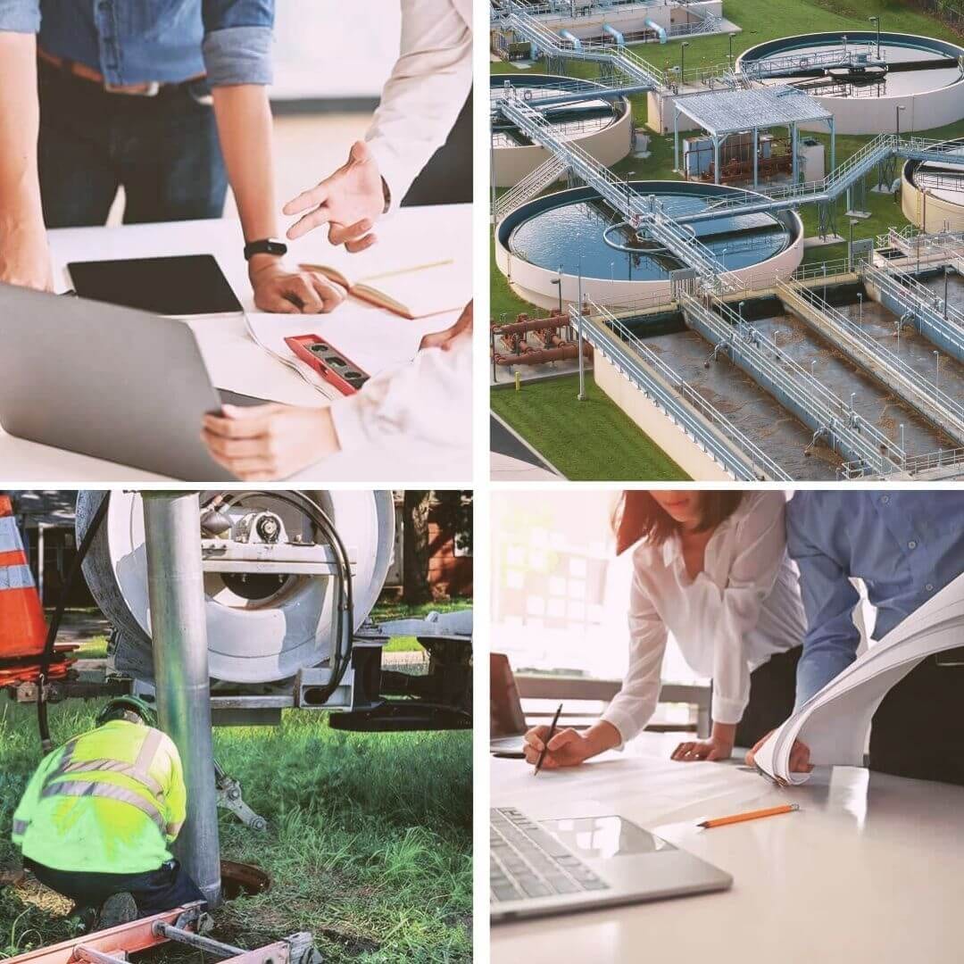 Collage aus Wasseraufbereitung, Büroarbeit und technischem Außendienst in der Abwasserentsorgung.