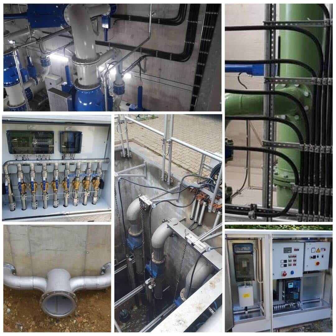 Kollage von industriellen Rohrleitungen und Schaltschränken in einer technischen Anlage, Detailaufnahmen.