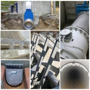 Collage mit Abflussdrossel, Bogenklappe, Stauklappen