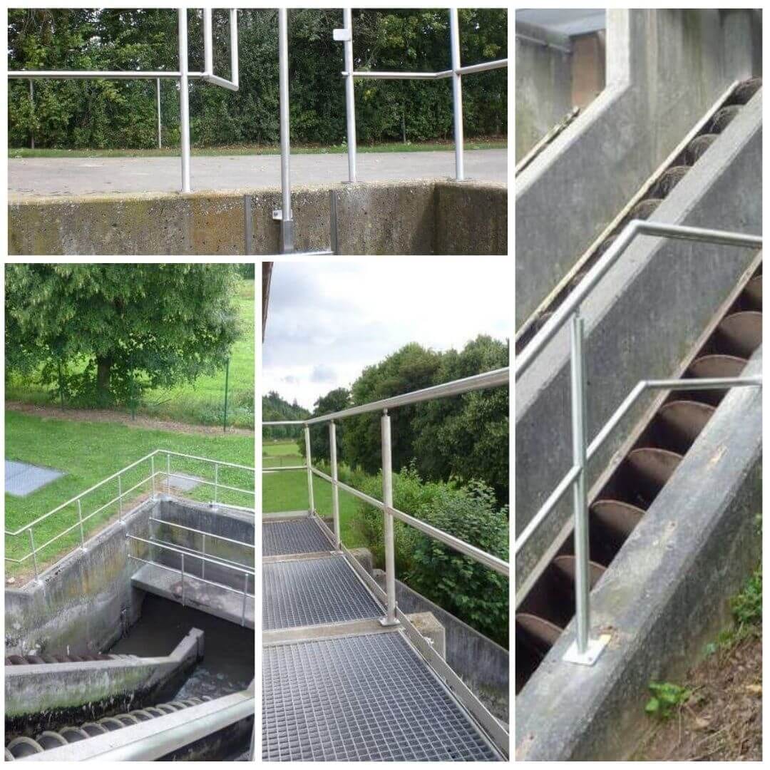 Geländer und Schleusenanlagen in einer grünen Umgebung, Nahaufnahmen mehrerer Perspektiven.