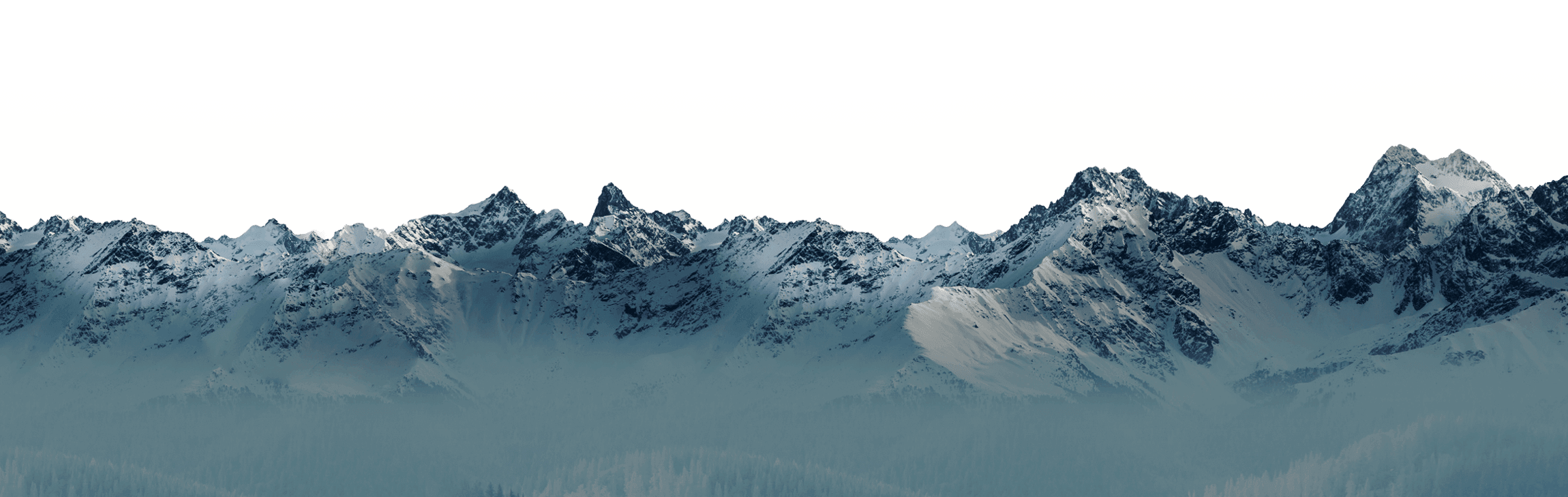 Verschneite Berggipfel im Nebel, ruhige Winterlandschaft in den Alpen.