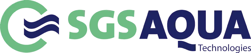 Logo von SGS AQUA Technologies mit grünem und blauem Schriftzug und Wellen-Symbol.
