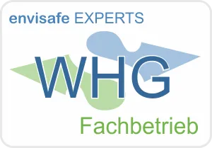 Logo von Envisafe EXPERTS, WHG Fachbetrieb, in blau und grün mit stilisiertem Hintergrund.