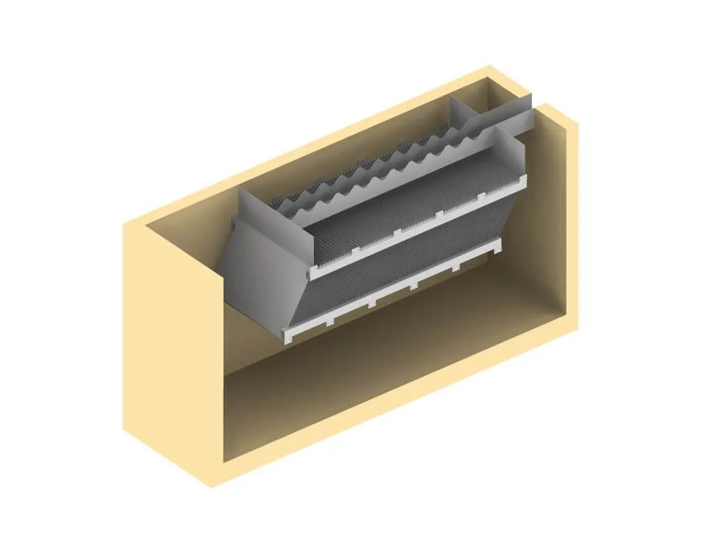 Aqua-Clear Schrägklärer Querschnitt eines mehrschichtigen Industrie-Abwasserfiltersystems in einem rechteckigen Gehäuse.