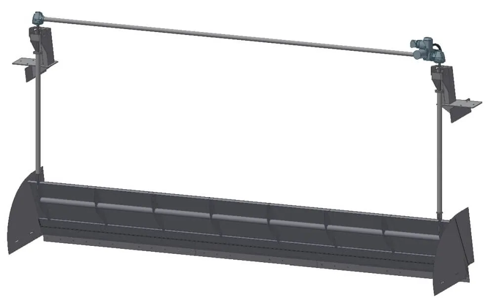 Industriegerät mit horizontaler Welle und Motoren, Seitenansicht in grauer 3D-Render Zeichnung.