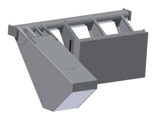 Stauklappen-Aqua-Gate Float 3D-Darstellung eines industriellen Lüftungssystems aus Metall mit rechteckigen Elementen.