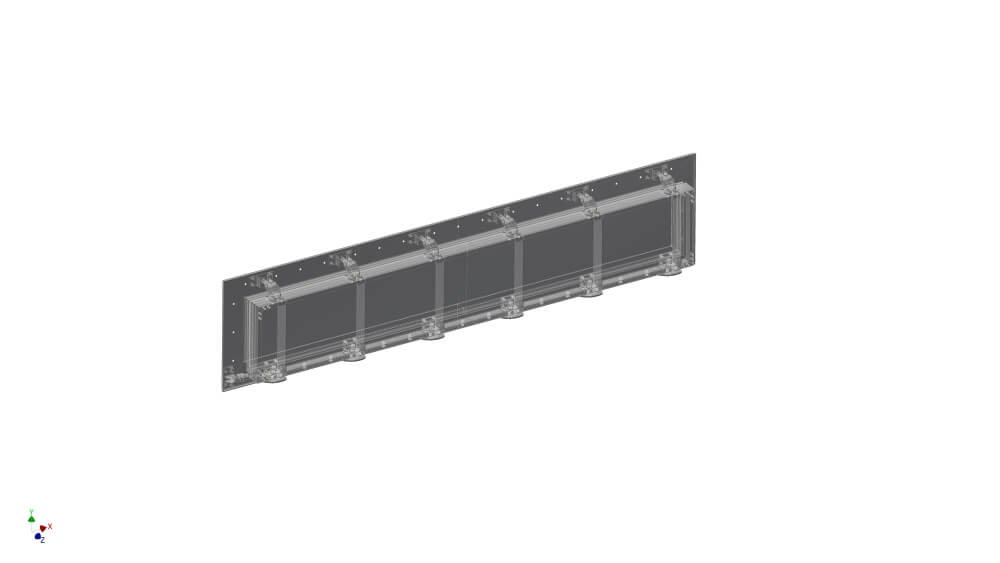 3D-Modell eines länglichen Metallprofils mit seitlichen Verschraubungen, industrielle Anwendung.