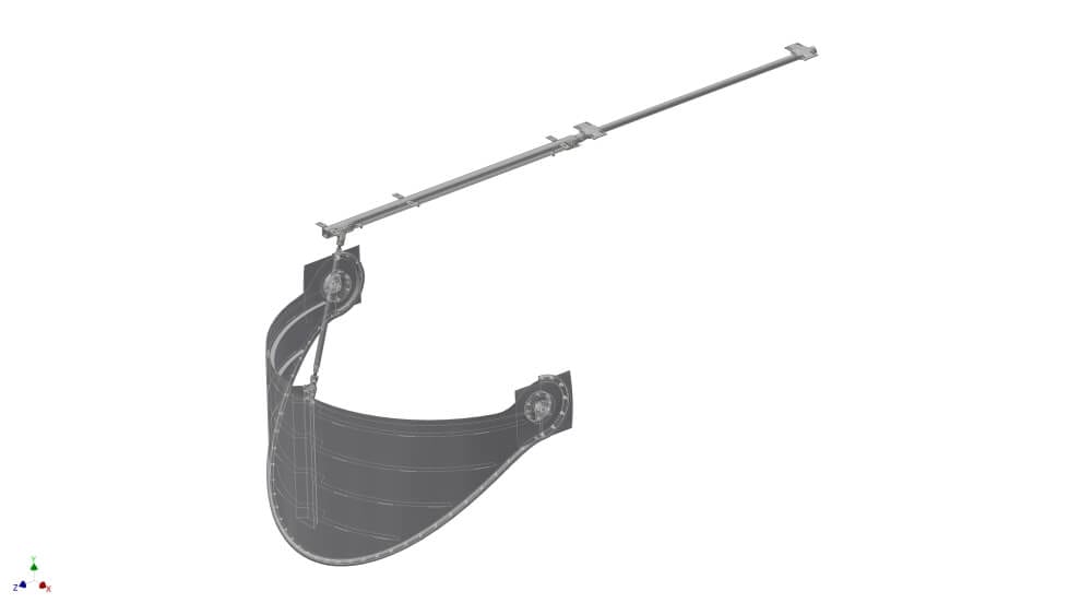 Schwallspülungen Bogenklappe, Konstruktionszeichnung eines mechanischen Systems mit Schienen und Rollen für industrielle Anwendungen.