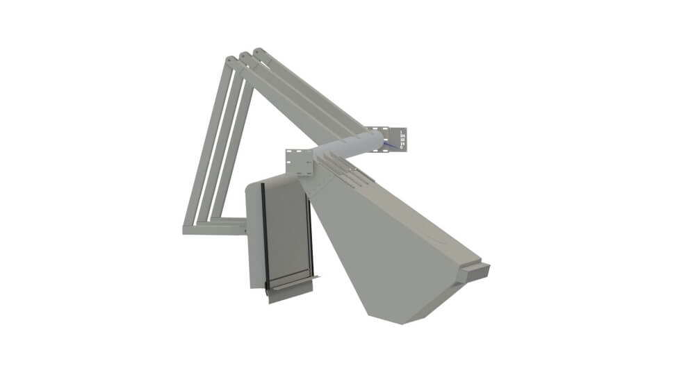 3D-Rendering einer Auqa-Gate-Float O Abluftanlage mit Rohrleitungen in grauer Farbe, seitliche Ansicht.