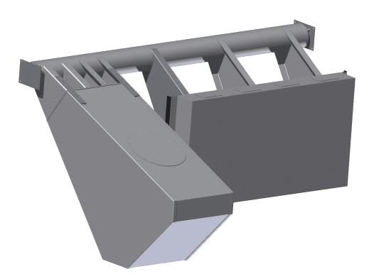 Stauklappen, Industrie-Schaufelaufsatz für Bagger, graues 3D-Modell, robuste Konstruktion für effektive Materialhandhabung.