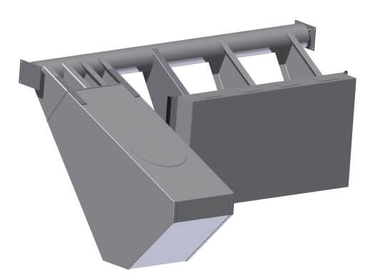Stauklappen-Aqua-Gate Float 3D-Darstellung eines industriellen Lüftungssystems aus Metall mit rechteckigen Elementen.